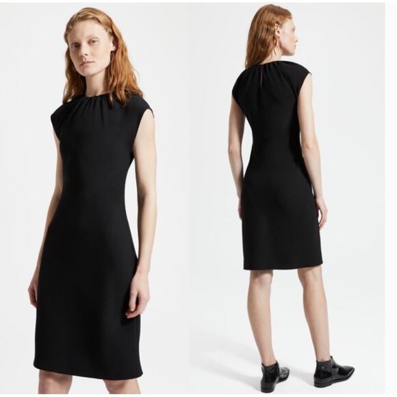 Theory Classic Crepe Shirred Dress S Black Academia Capsule Minimalist Sheath - Picture 1 of 9